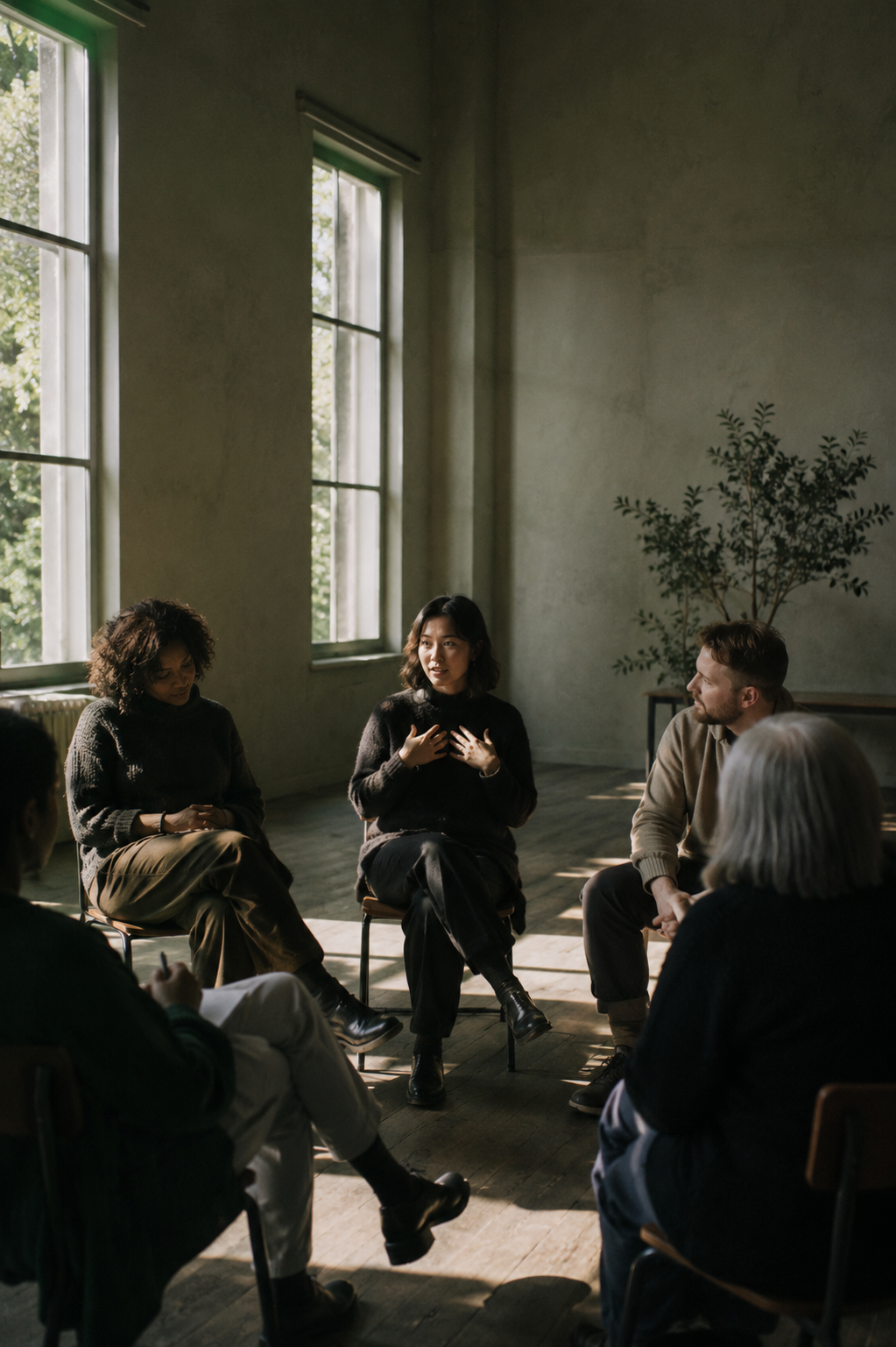A circle of people in a light-filled room, one speaking